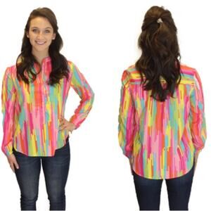 Buckhead Betties Blouse Womens Size Large colorful long sleeve graphic print L